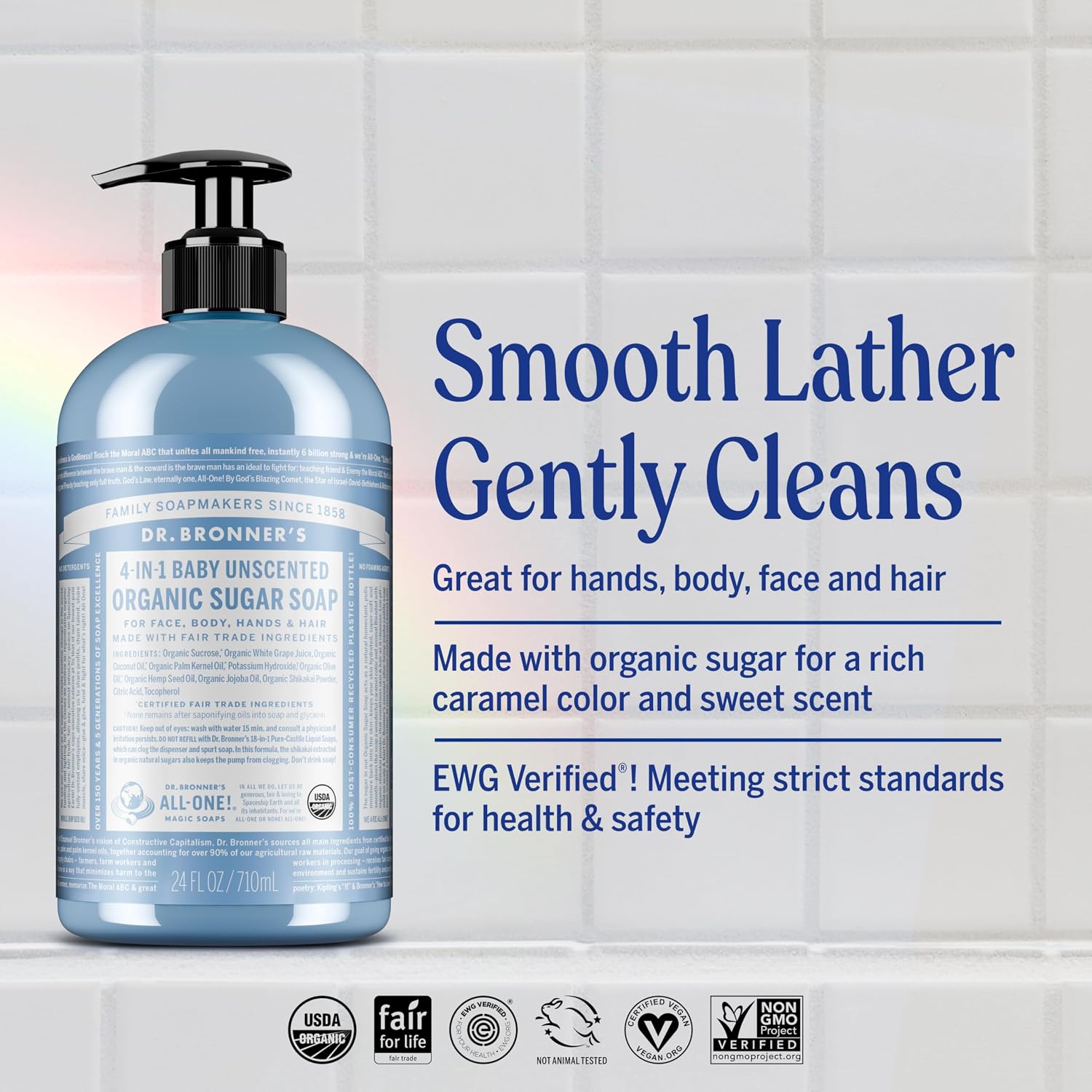 Dr. Bronner's Baby Unscented 4-in-1 Organic Sugar Pump Soap 355ml pump bottle for hands face body and hair