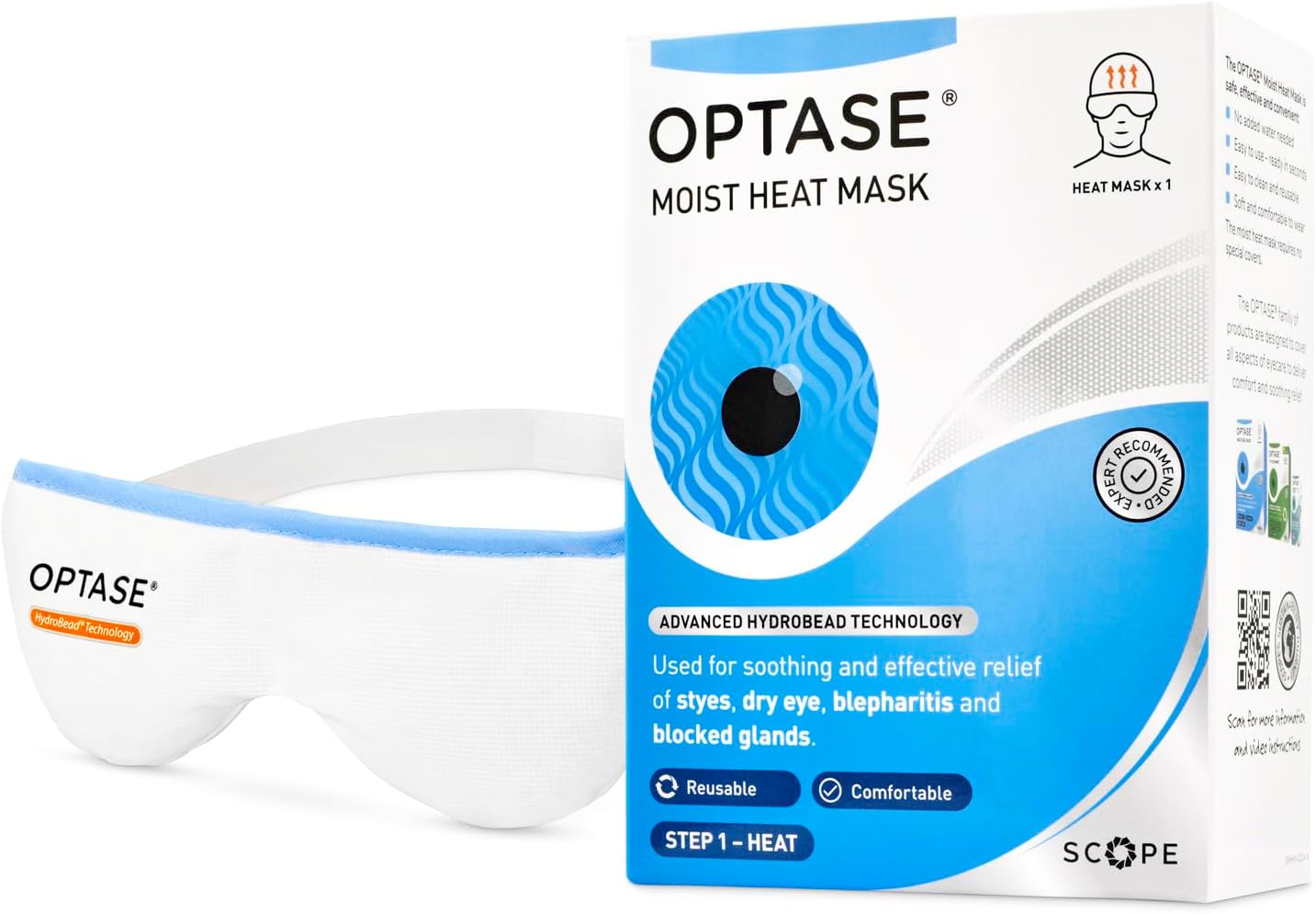 Optase Moist Heat Eye Mask package, reusable with HydroBead.