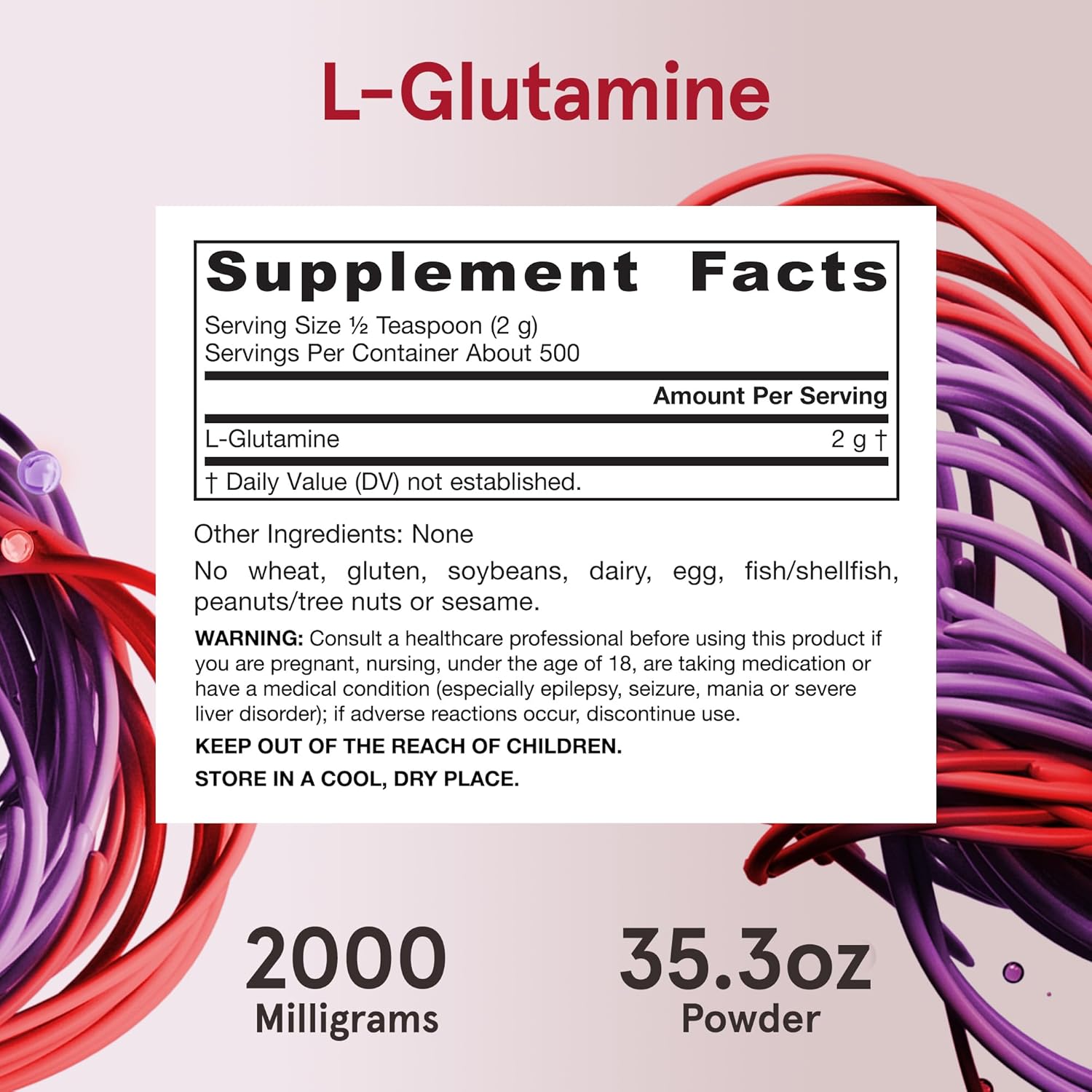 Supplement Facts Image: Jarrow Formulas L-Glutamine powder supplement facts ingredients 1000g unflavoured