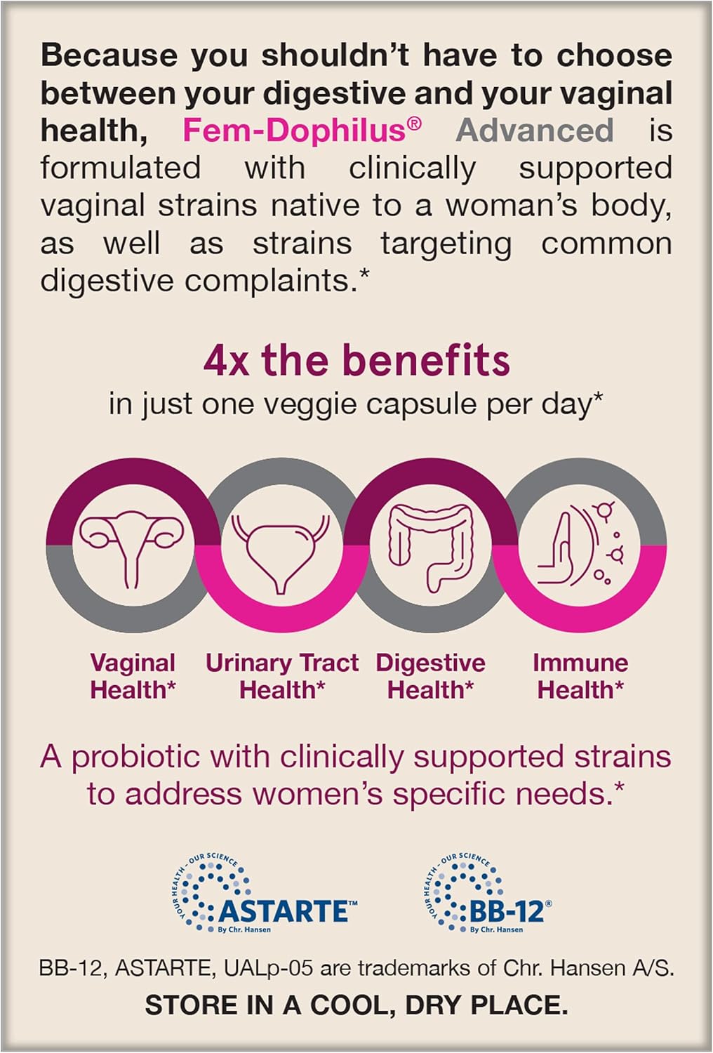 Side image: Jarrow Fem Dophilus Advanced probiotics 10 billion CFU veggie capsules bottle 30 count