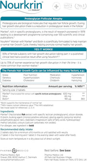 Supplement Facts & Ingredients Image: Nourkrin Woman tablets ingredients label 180 tablets packaging