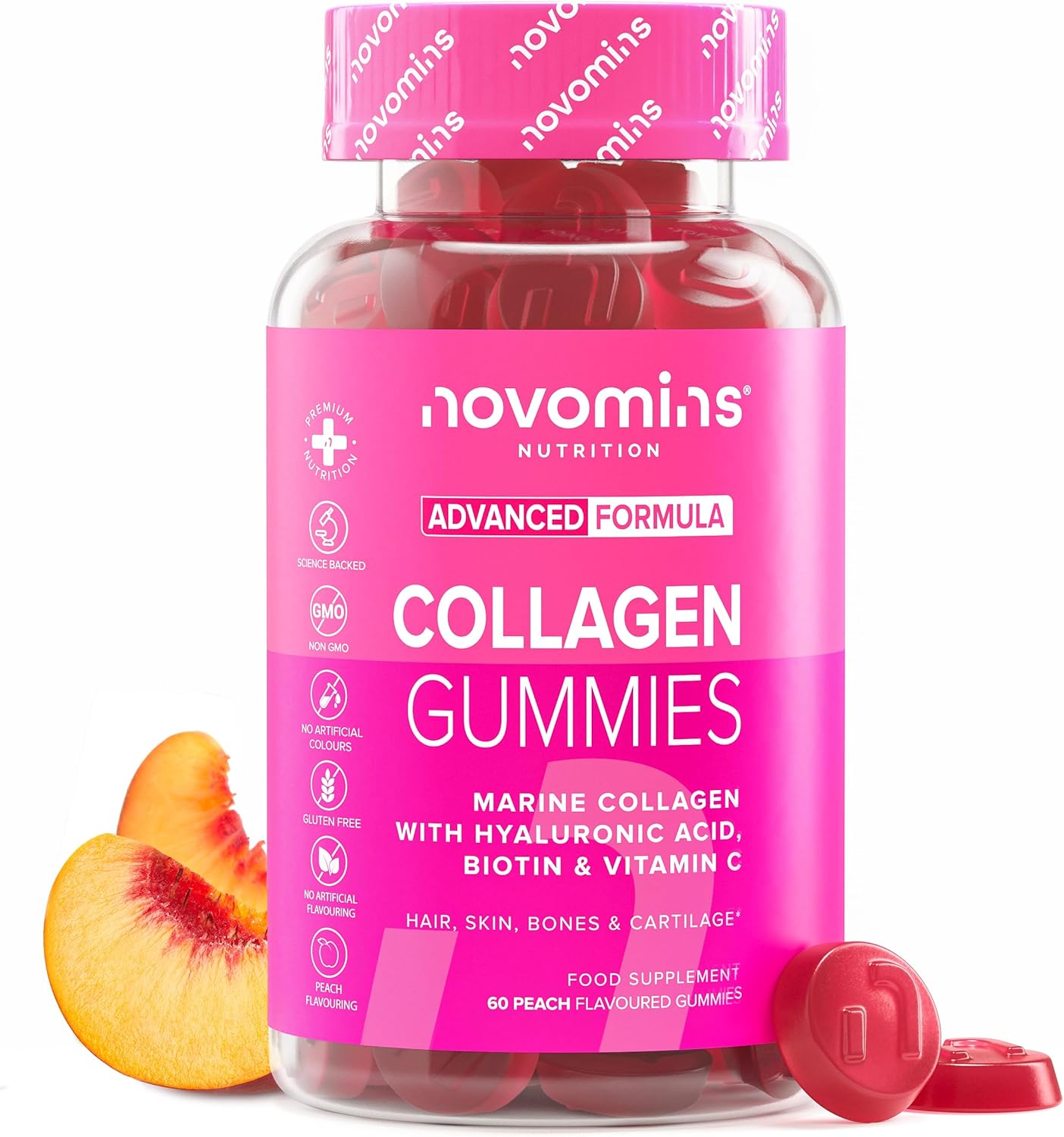 Novomins Marine Collagen Gummies Peach 60 Count bottle supplement front view