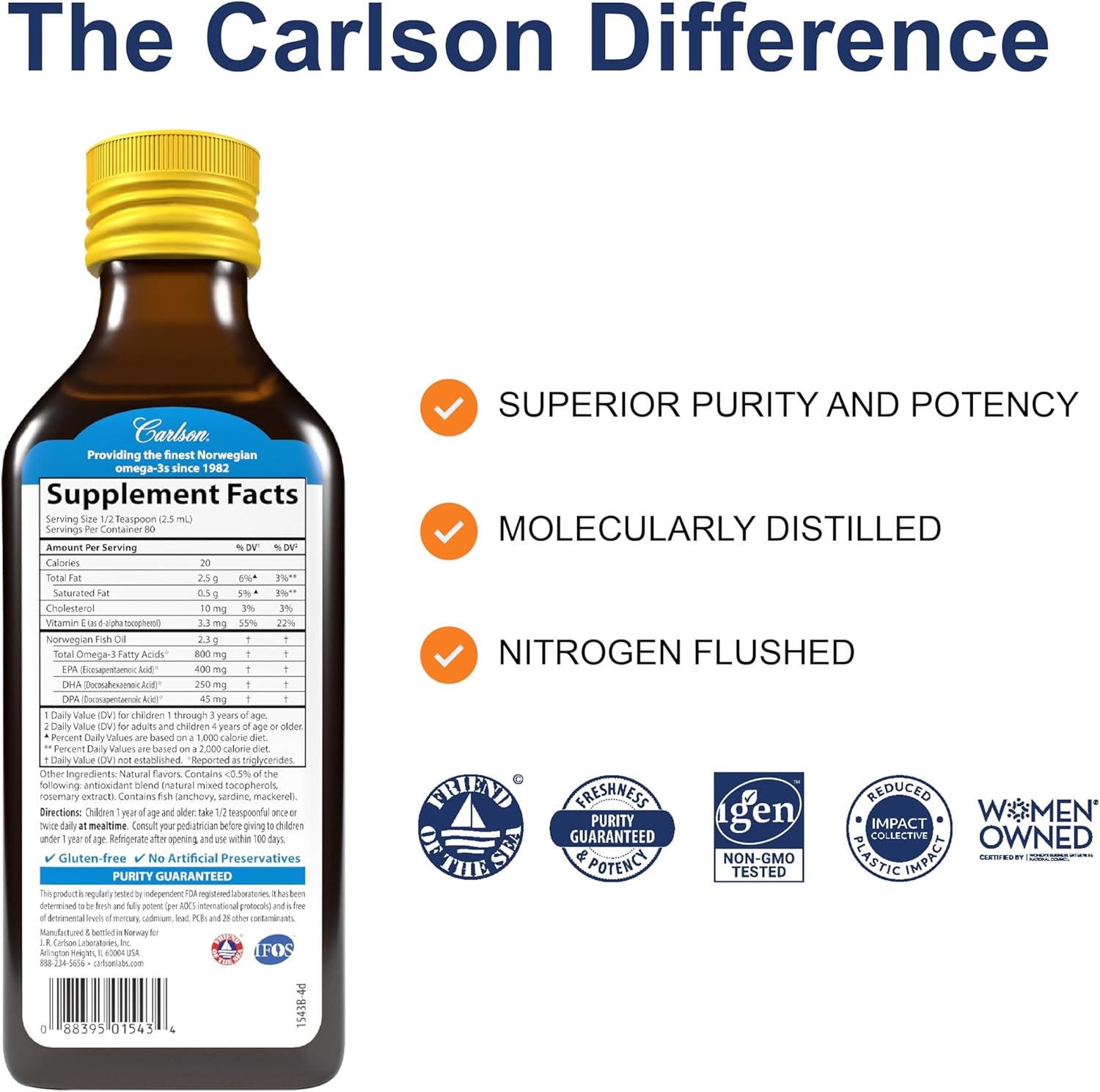 Supplement facts, ingredients & barcode image: Carlson Kids fish oil omega 3 EPA DHA supplement facts 200 ml bottle lemon
