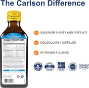 Supplement facts, ingredients & barcode image: Carlson Kids fish oil omega 3 EPA DHA supplement facts 200 ml bottle lemon