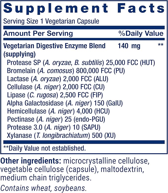 Life Extension Digestive Enzymes supplement facts label with ingredient list.