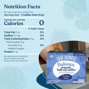 nutrition facts, ingredients, brewing instructions, and certifications.