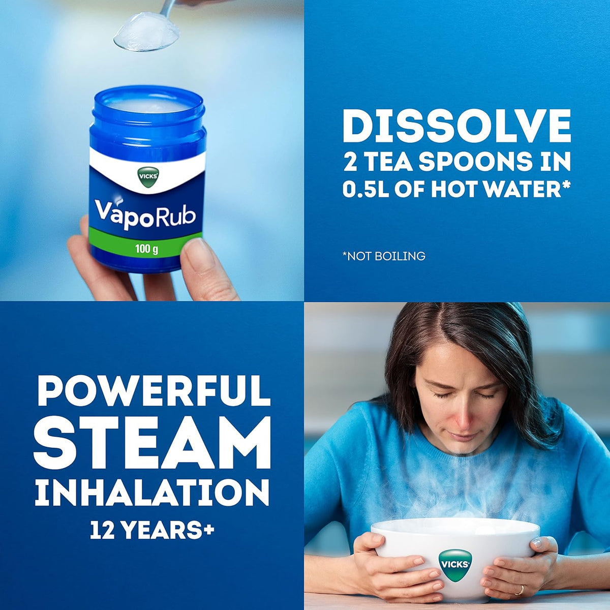 Vicks VapoRub 4 in 1 topical ointment menthol eucalyptus aroma 100g jar lifestyle use image