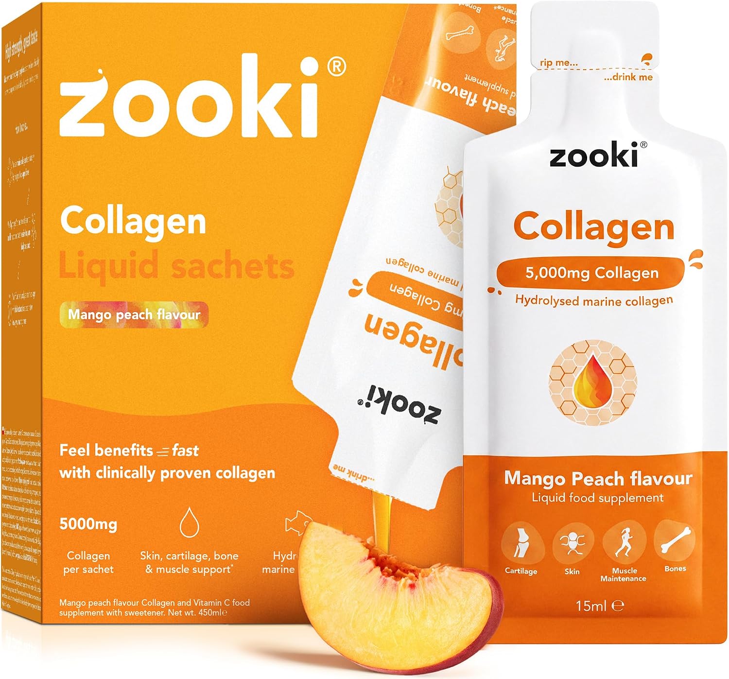 Zooki Marine Collagen 5000mg Mango Peach liquid sachets 30 x 15ml retail box