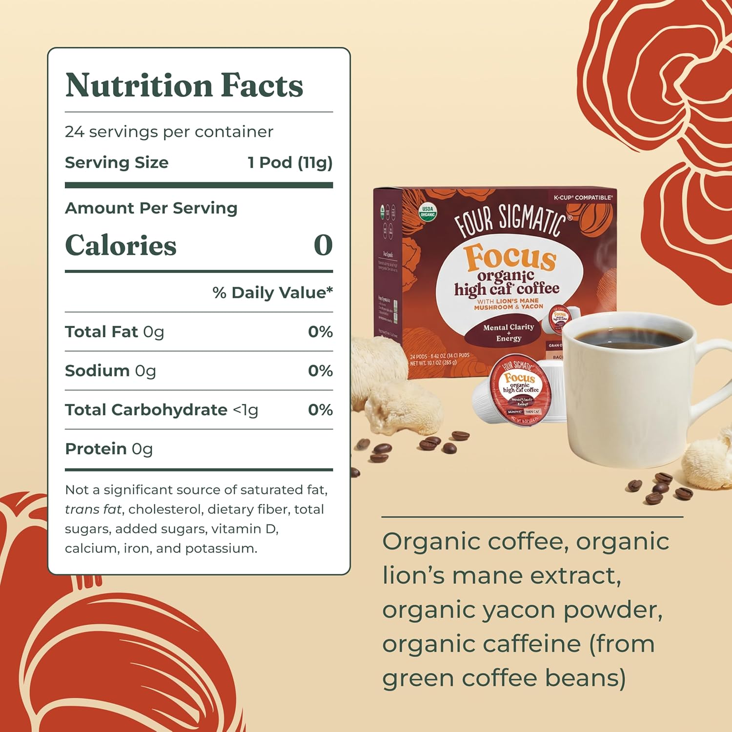 Four Sigmatic high caffeine coffee pods ingredients and product details 24 count
