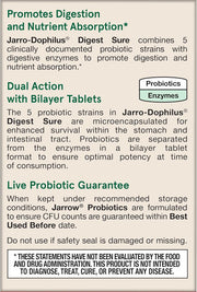 Back Image: Jarrow Formulas Jarro-Dophilus Digest Sure 5 billion CFU tablets 30 count front packaging box
