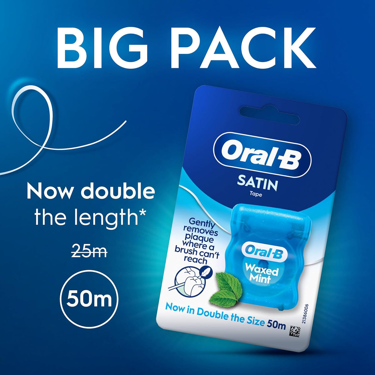 Oral-B Satin Tape Waxed Mint Dental Floss 6 x 50m packaging showing product information