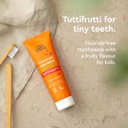 Urtekram Children's Fluoride Free Toothpaste Tutti Frutti, toothpaste tube packaging, tutti frutti flavour, 75ml, product information