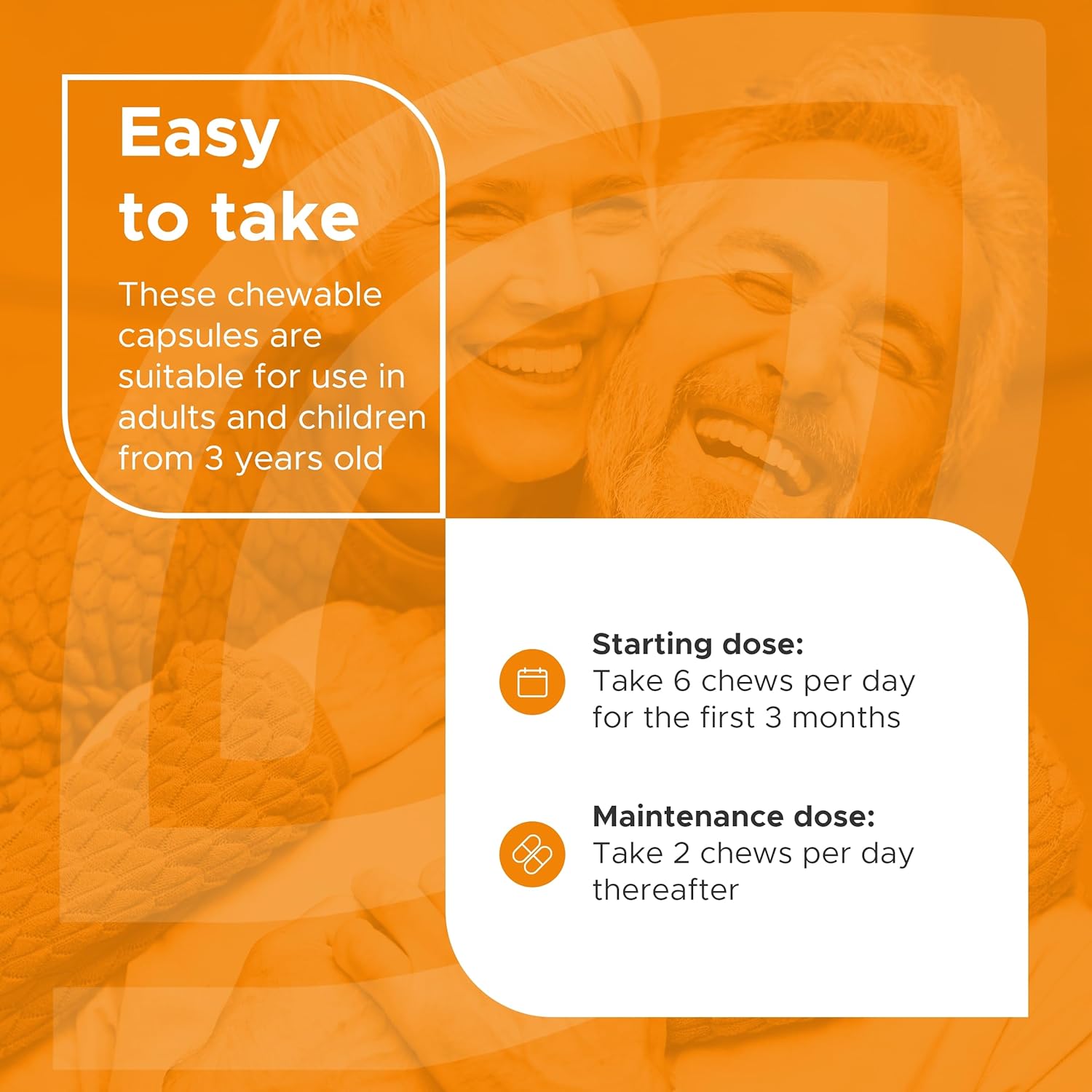 Orange background with text about chewable capsules for adults and children, featuring a smiling couple.