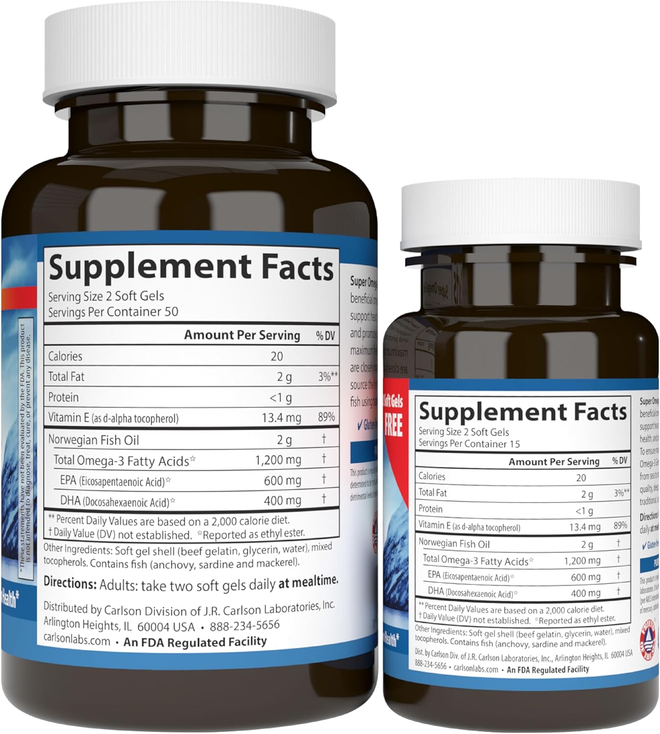 Supplement facts & ingredients image: Carlson Super Omega 3 EPA DHA supplement facts softgels 130 count