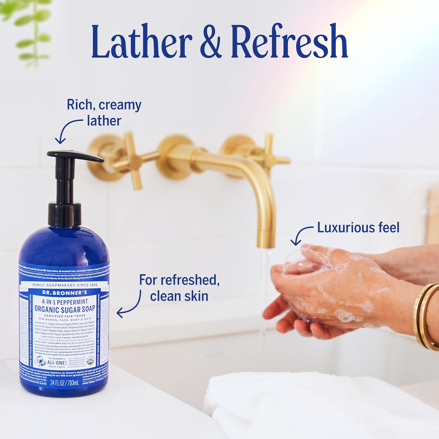 Dr. Bronner's Peppermint 4-in-1 Organic Sugar Pump Soap 355ml pump bottle application