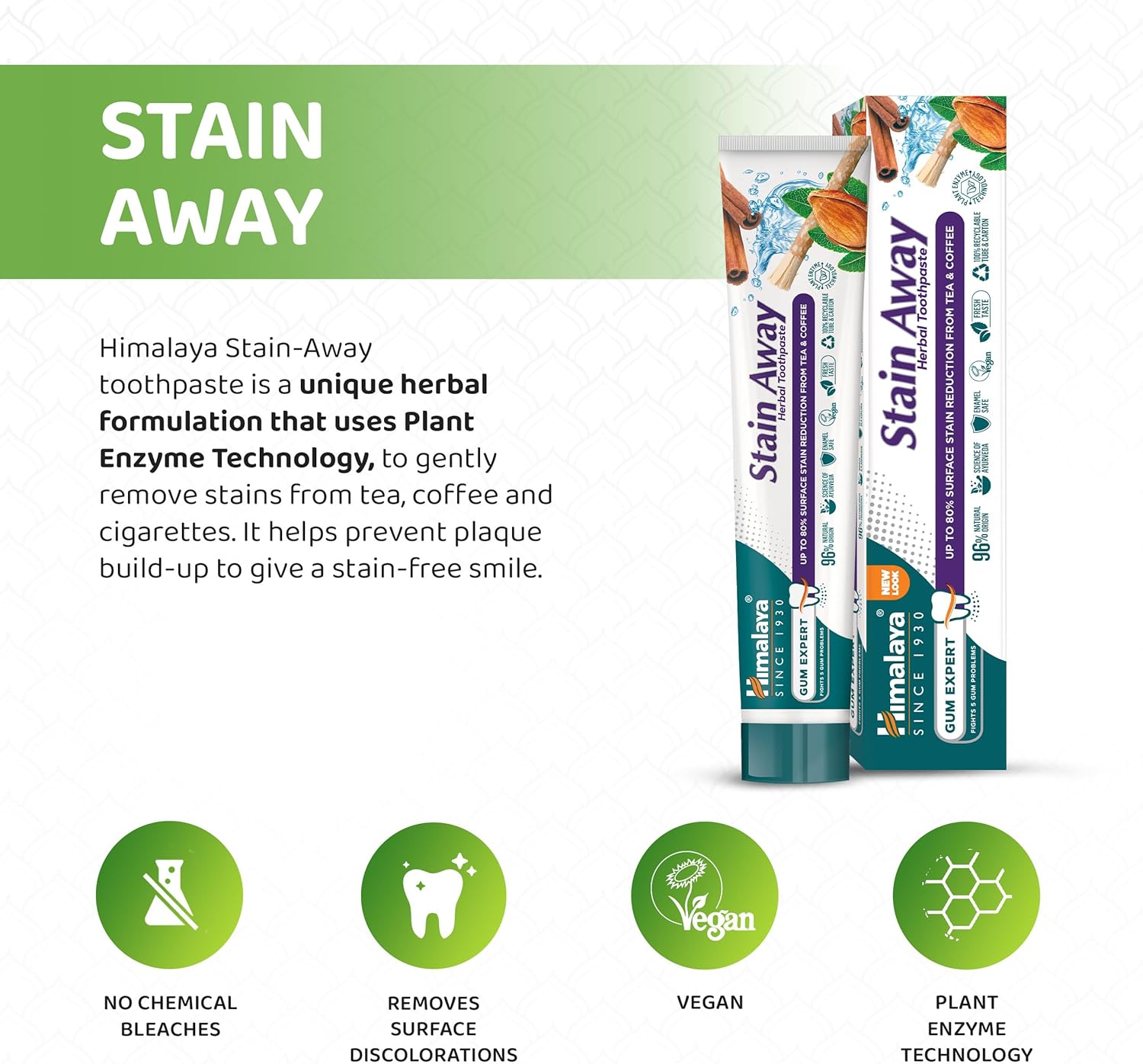 Himalaya Stain Away herbal toothpaste enamel friendly tube & box 75ml