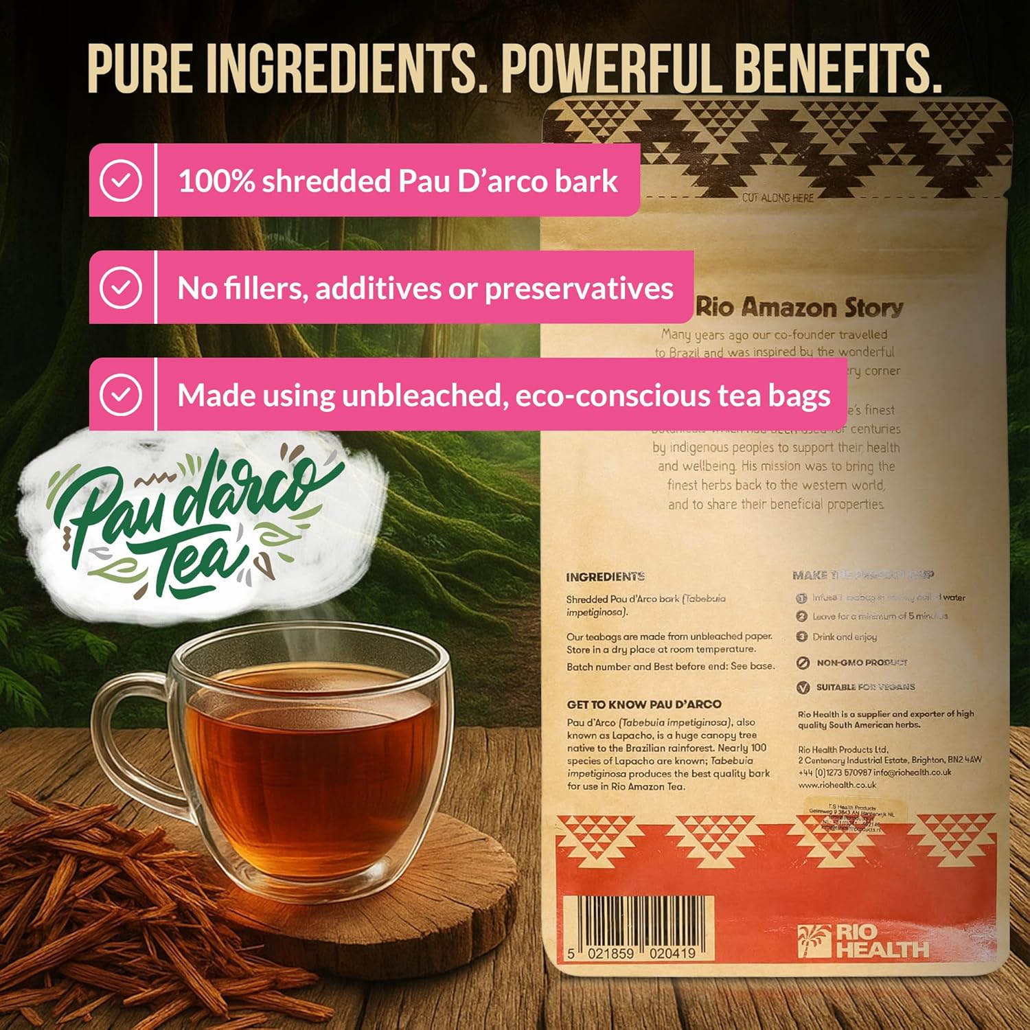 Rio Amazon Pau D'Arco Tea Infusion ingredient information herbal tea 90 teabags