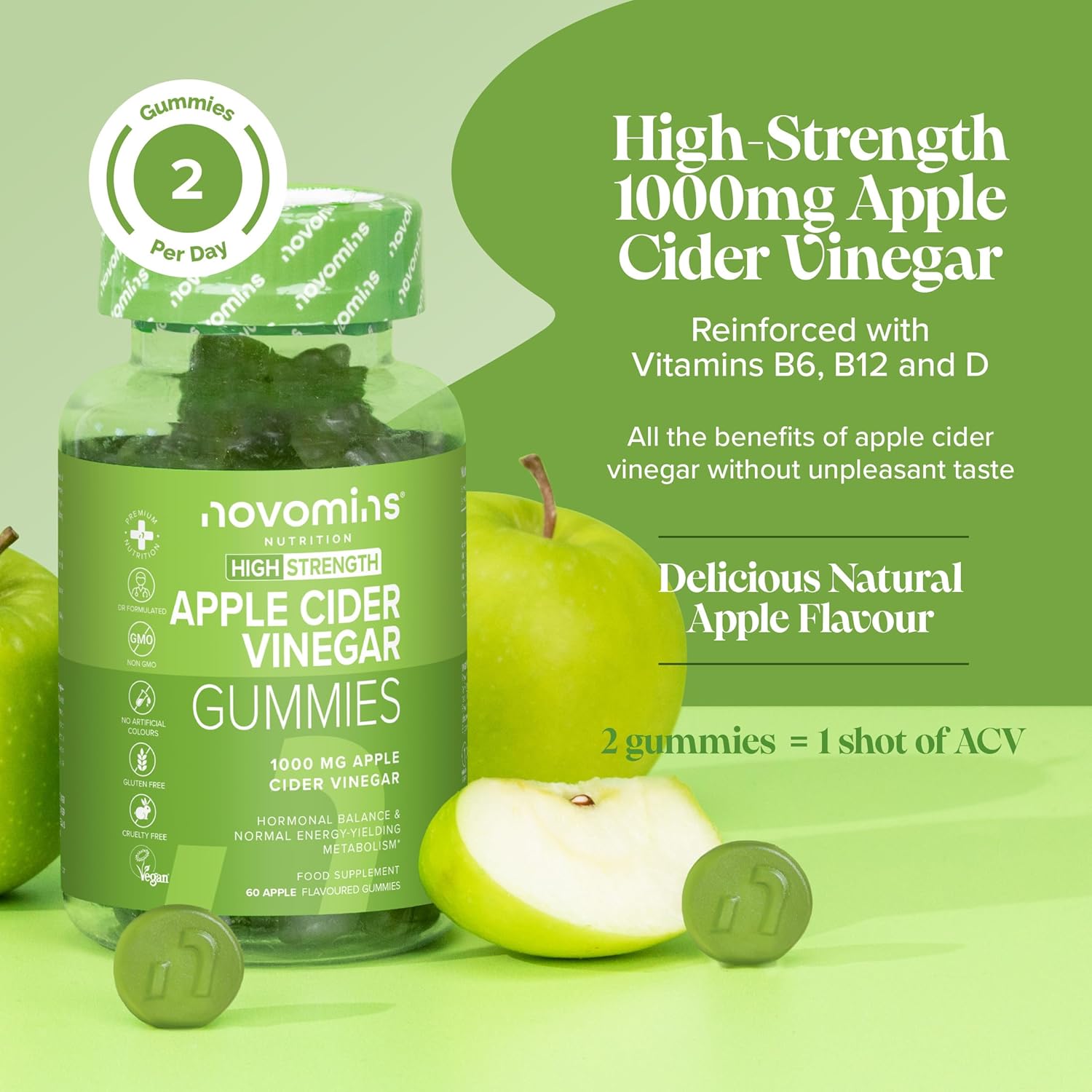 Novomins Apple Cider Vinegar 1000mg Gummies Apple 60 Count natural apple flavour 2 per day gummies