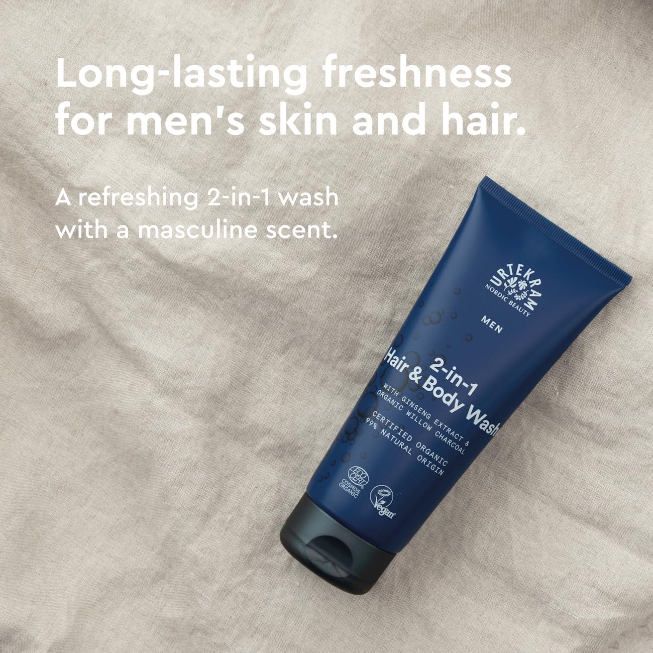 Urtekram Men 2-in-1 Hair & Body Wash tube, fresh masculine scent, 200ml, hair and body care use