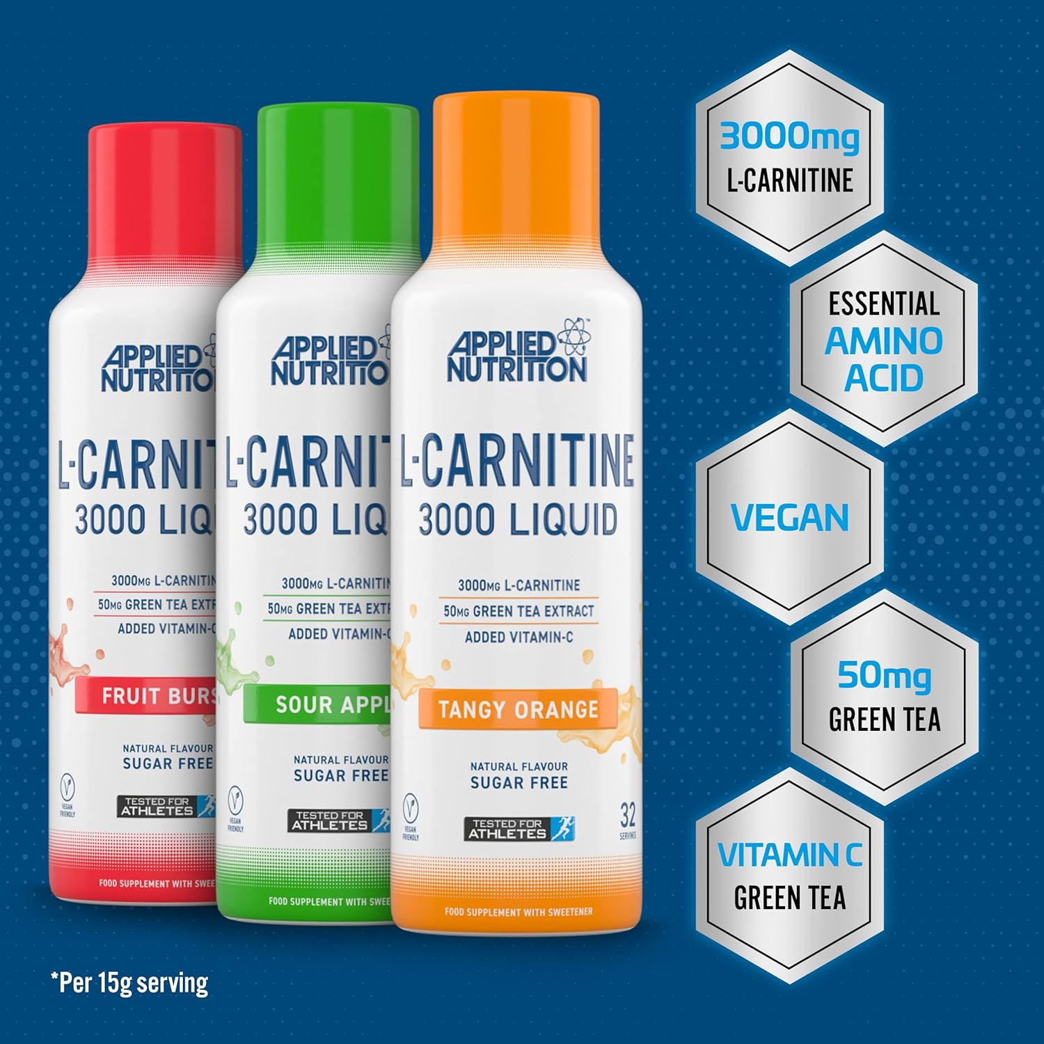Applied Nutrition L-Carnitine 3000 Sour Apple 480ml supplement facts label