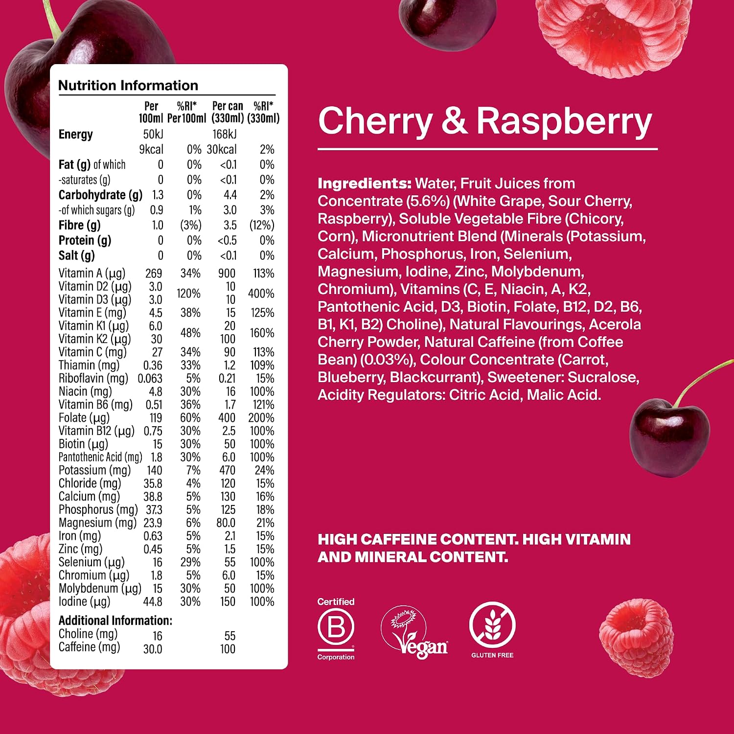 Huel Daily A-Z Vitamins Drink, aluminium can packaging, Cherry & Raspberry flavour, 12 x 330ml, ingredients and nutrition information