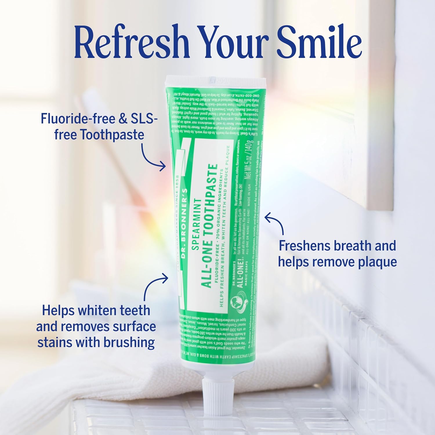 Dr. Bronner's Spearmint Fluoride Free Toothpaste 105ml tube and box for everyday oral care