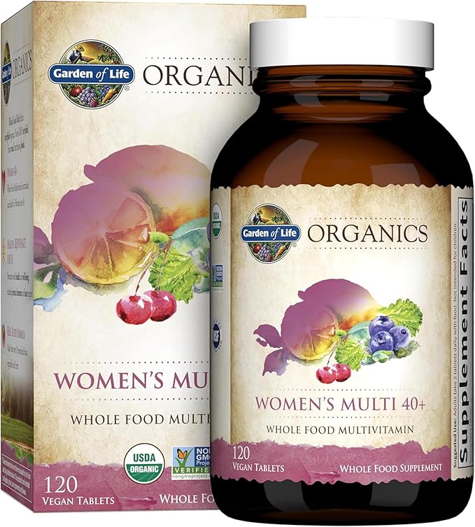 Garden of Life Organics Women's Multivitamin bottle and box 120 vegan tablets.
