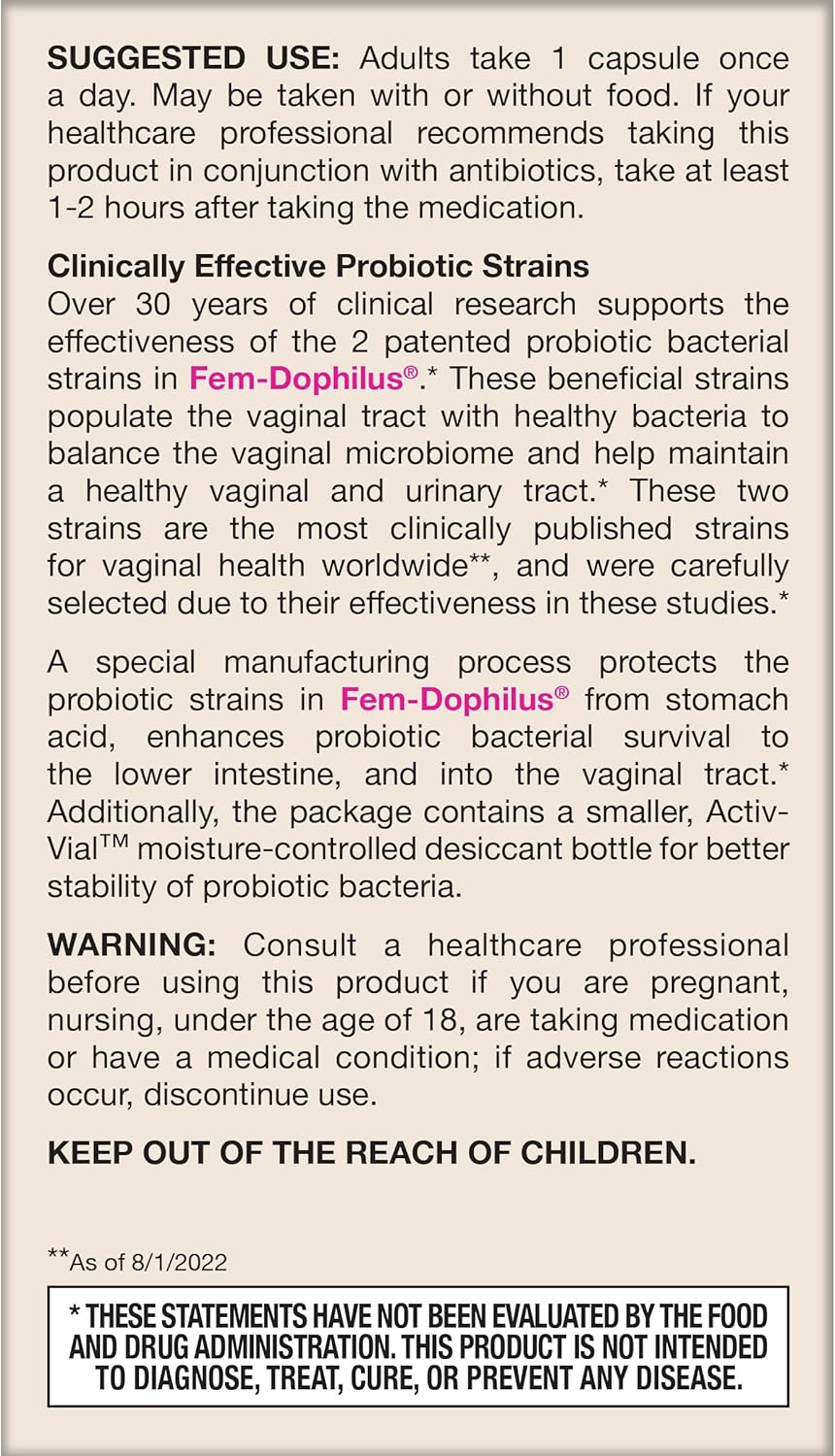 How to Use Image: Jarrow Formulas Fem-Dophilus 5 billion CFU veggie capsules 60 count usage instructions