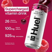 Huel Daily A-Z Vitamins Drink, aluminium can packaging, Cherry & Raspberry flavour, 12 x 330ml, ingredients and nutrition information
