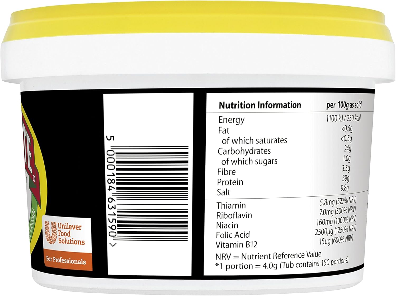 Marmite Yeast Extract Vegan Spread barcode on 600g plastic tub