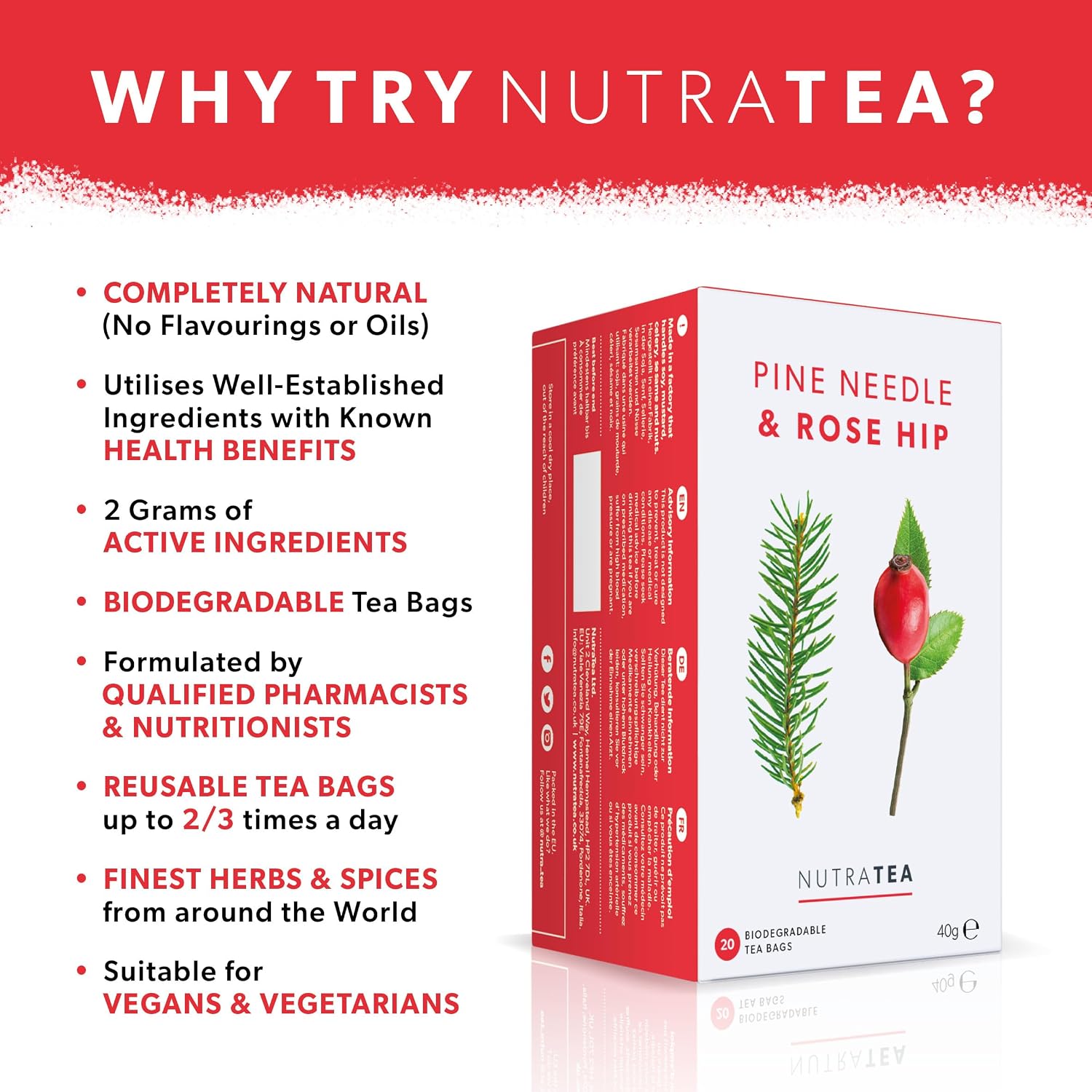 NutraTea Pine Needle & Rose Hip Herbal Tea 20 Tea Bags 