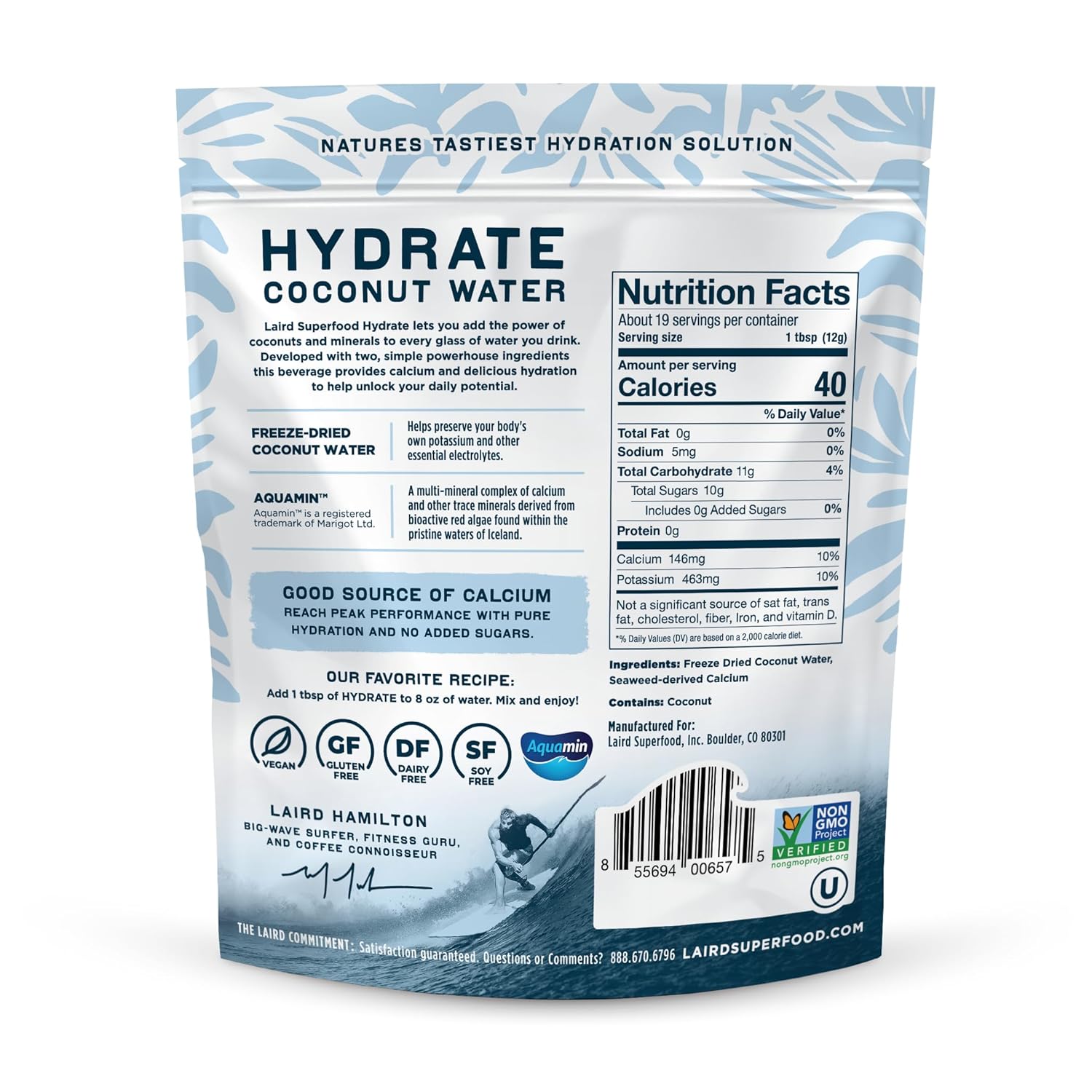 Laird Superfood Hydrate coconut water powder Original barcode 227g on white background