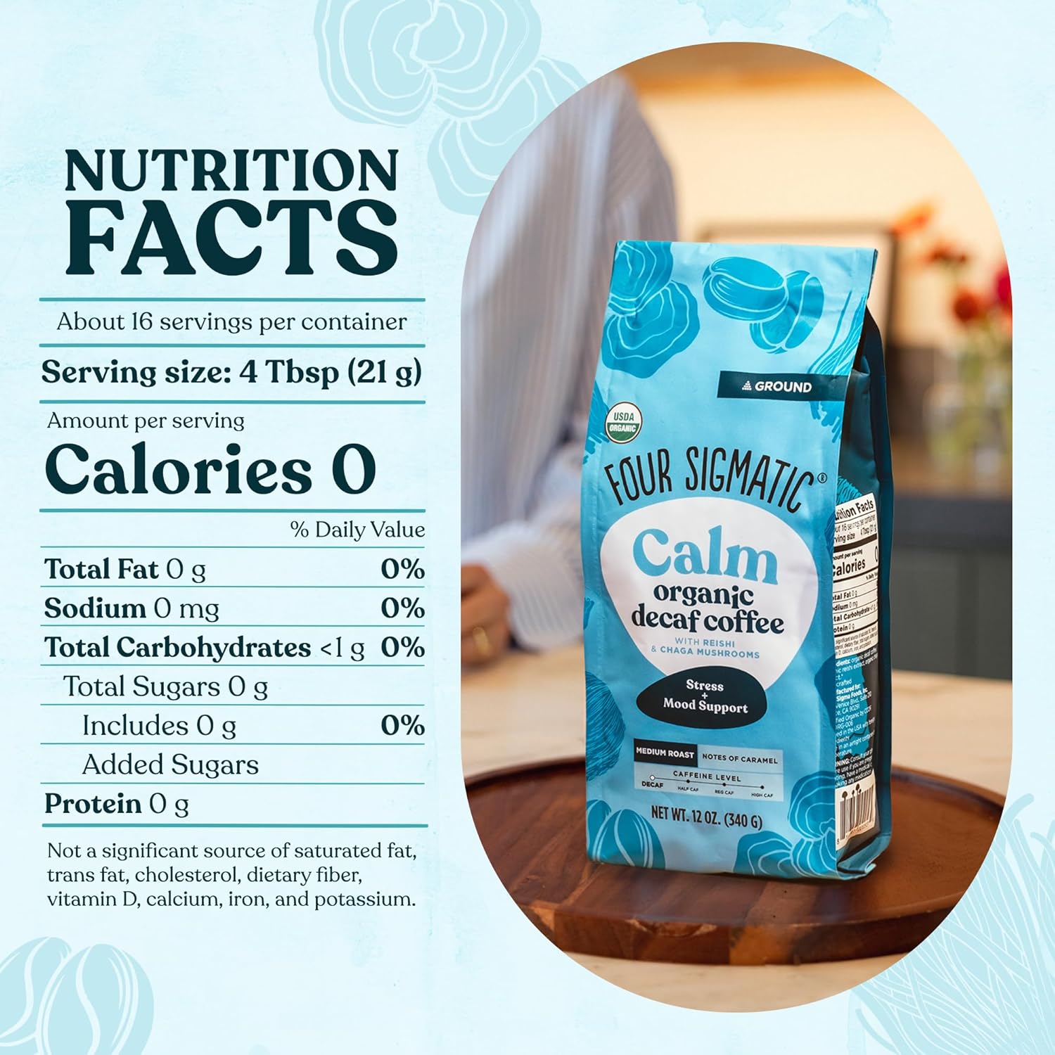 Four Sigmatic decaf ground coffee ingredients and product information panel on packaging