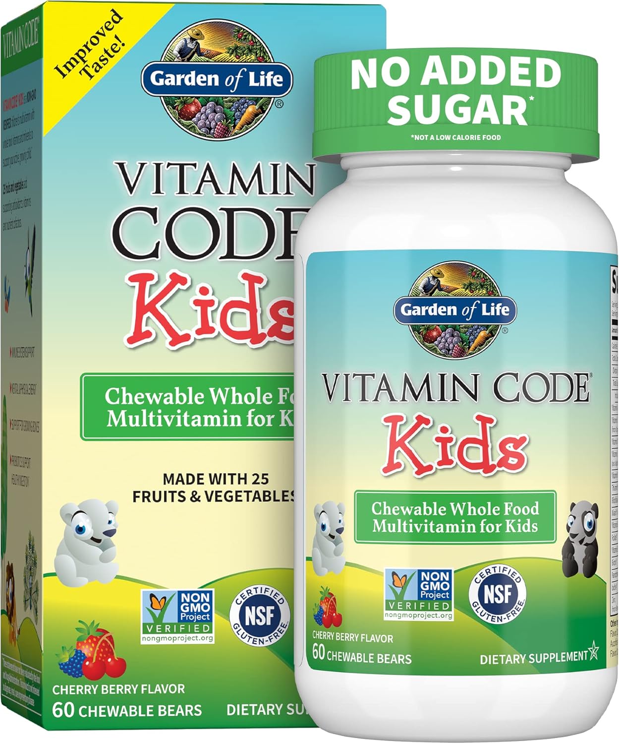 Cherry-berry flavoured, chewable multivitamins from bottle & box 60ct