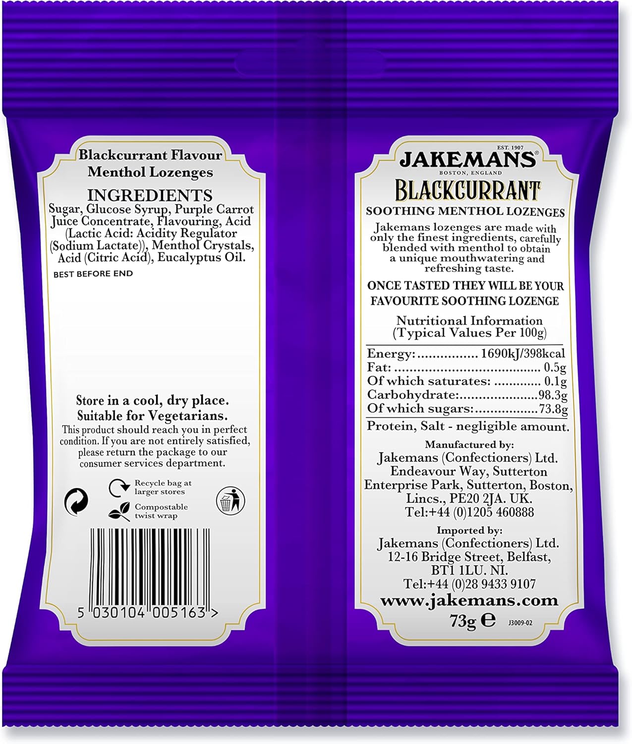 Jakemans Blackcurrant Soothing Menthol Lozenges, resealable bag packaging, blackcurrant flavour, 73g, ingredients information & barcode