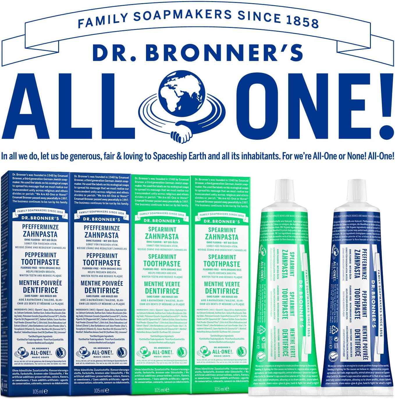 Dr. Bronner's Spearmint Fluoride Free Toothpaste 105ml tube and box for everyday oral care all one