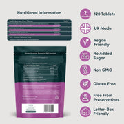 Nutrition Geeks Milk Thistle 3-in-1, vegan food supplement tablet packaging, no flavour, 120 tablets, ingredients and nutritional information & barcode