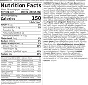 Nutrition facts and certifications for RAW Organic Meal.