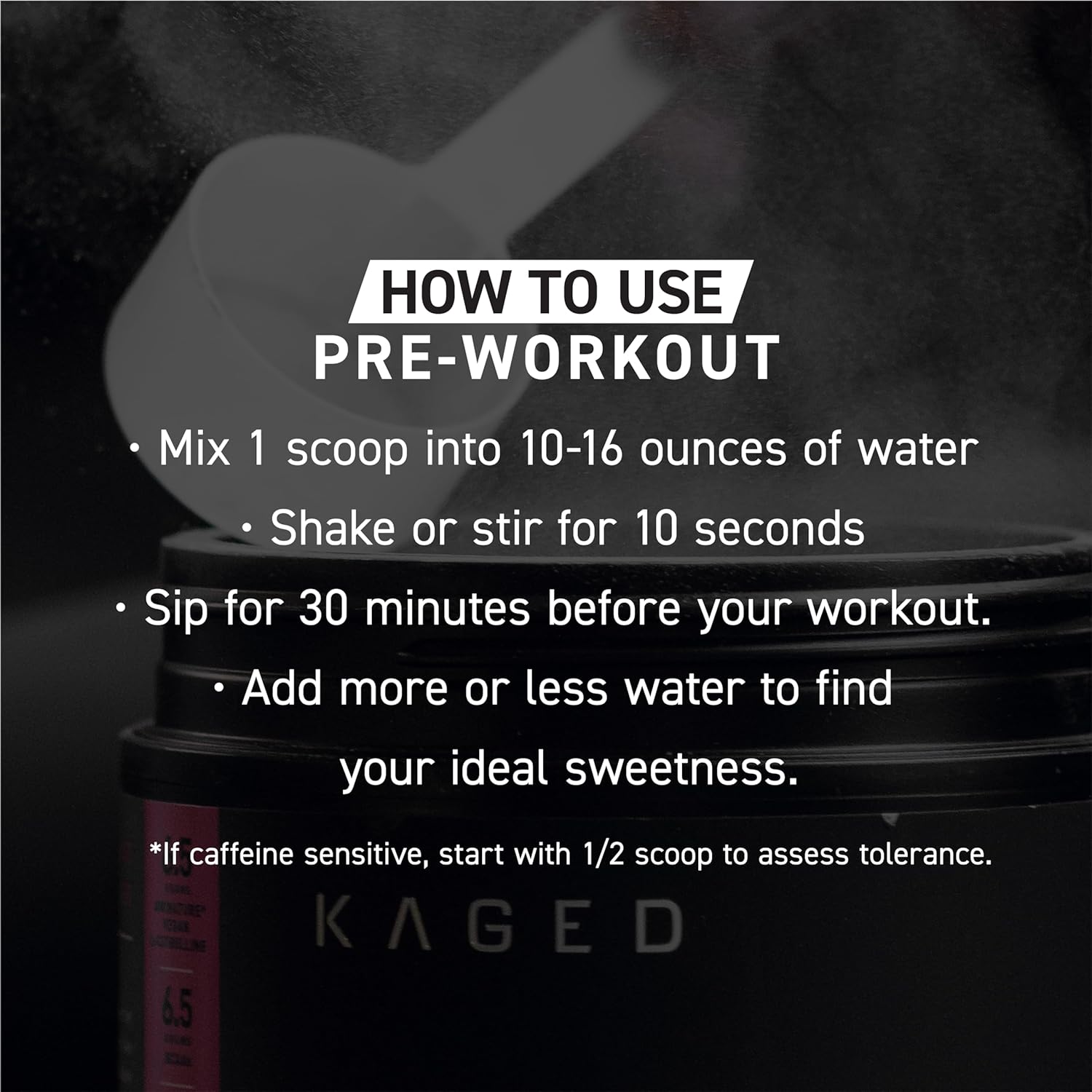 How to Use: Kaged Original supplement powder mixing instructions 564g on white background