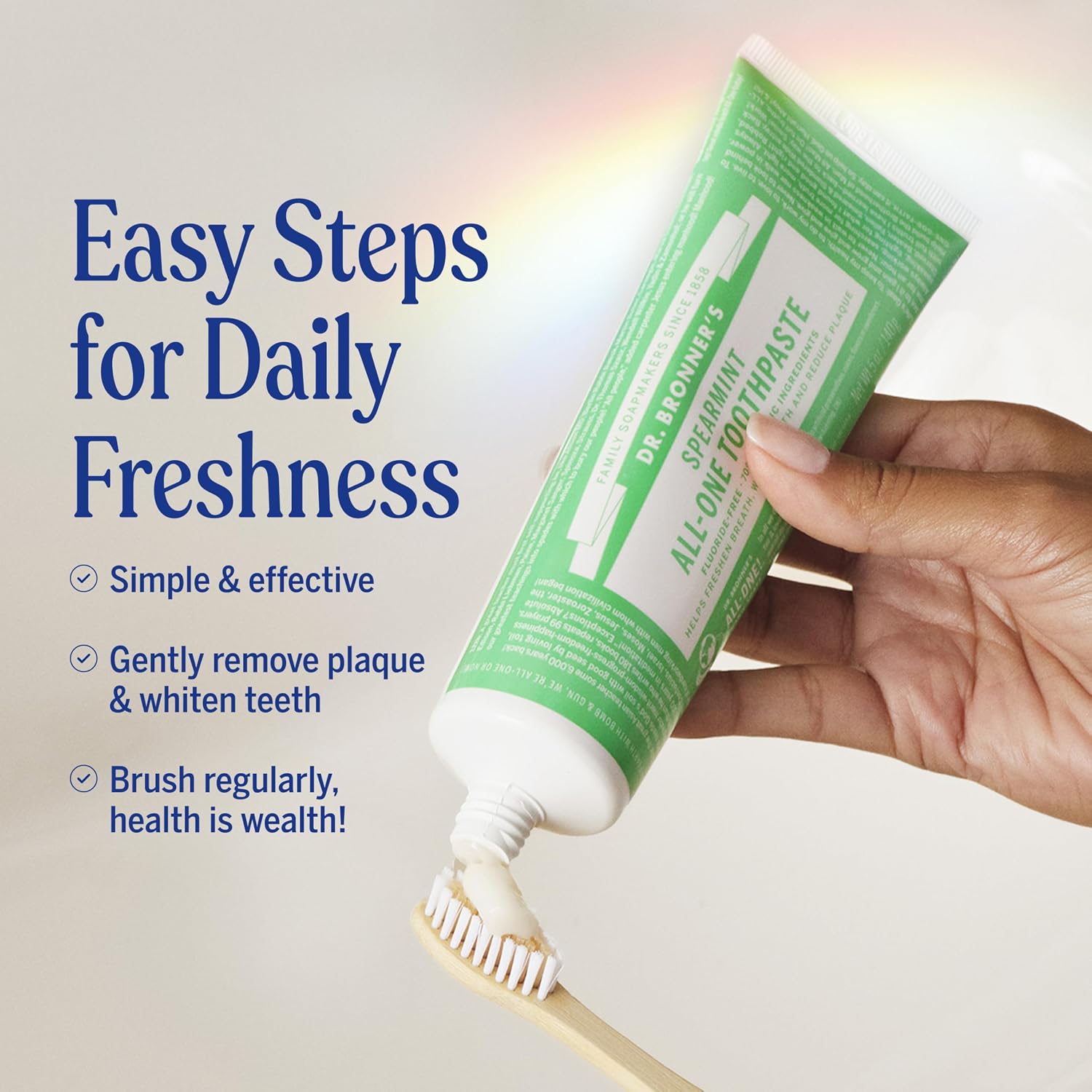 Dr. Bronner's Spearmint Fluoride Free Toothpaste 105ml tube and box application