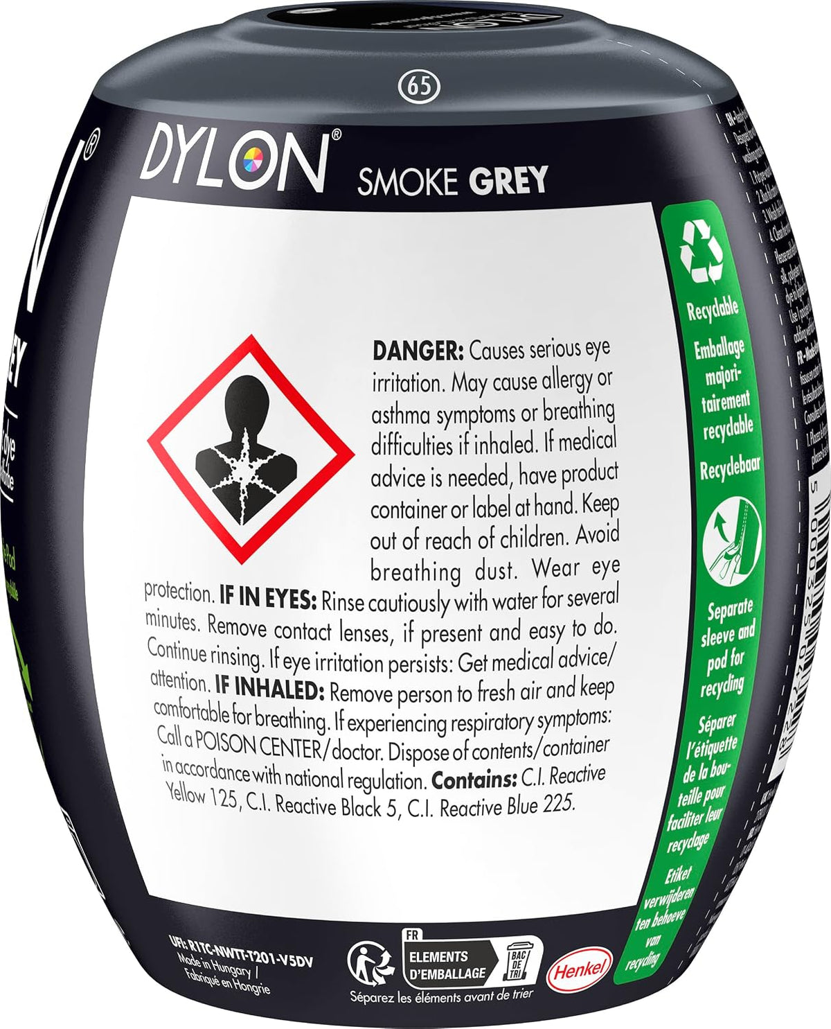 Dylon All-in-1 Washing Machine Fabric Dye Pod Smoke Grey 350g ingredients information packaging