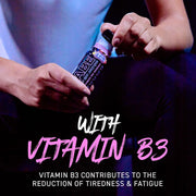 Person holding a supplement bottle with text about Vitamin B3 benefits