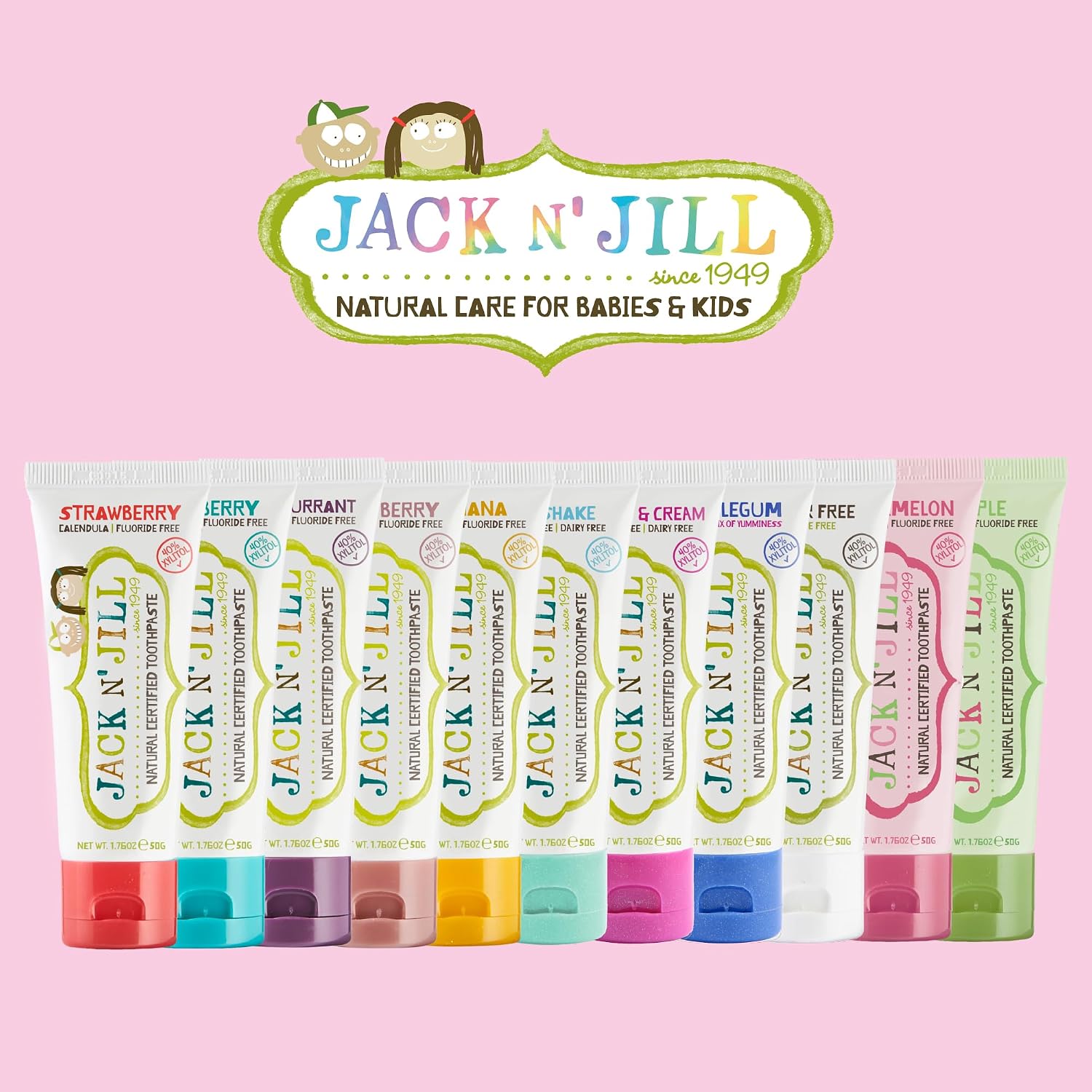 Jack N' Jill Natural Certified Toothpaste Berries & Cream, toothpaste tube packaging, berries and cream flavour, 50g & other variants