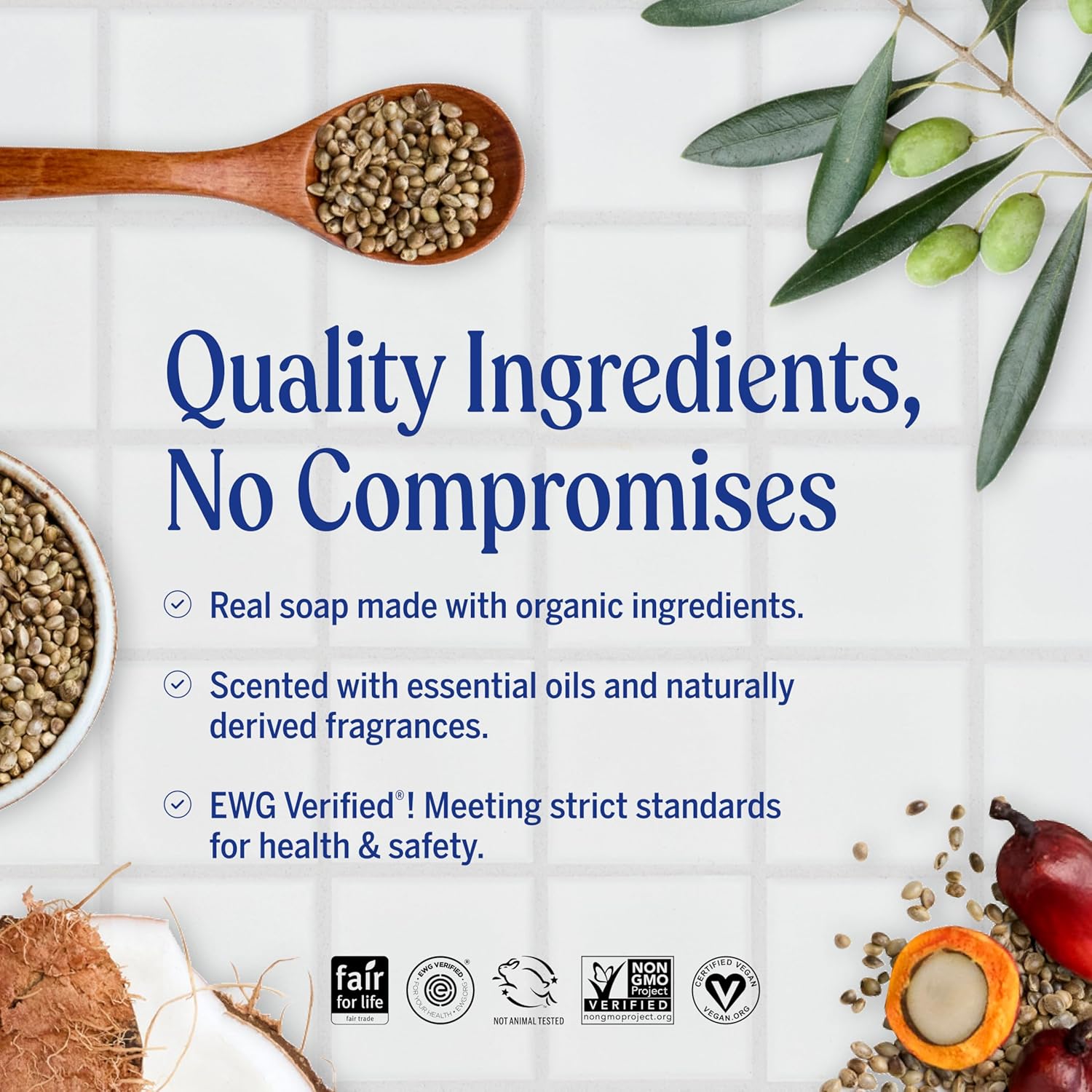 Dr. Bronner's Almond Pure-Castile Liquid Soap bottle, almond scent, 945ml, ingredients