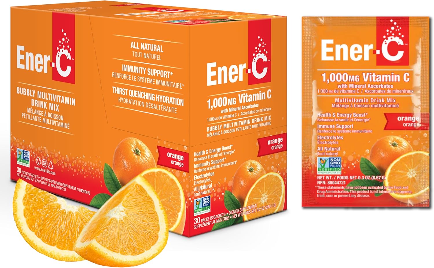 Ener-C Orange multivitamin drink mix box front label 30 sachets on white background
