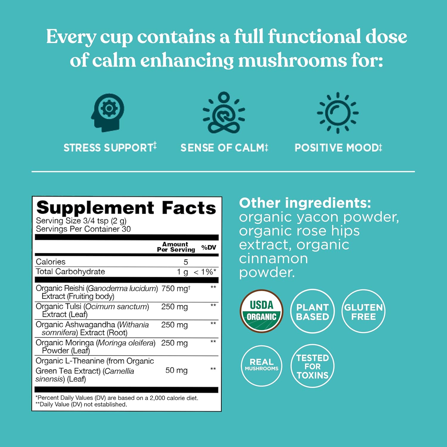 Four Sigmatic multi mushroom and herb powder ingredients and nutritional information panel on packaging