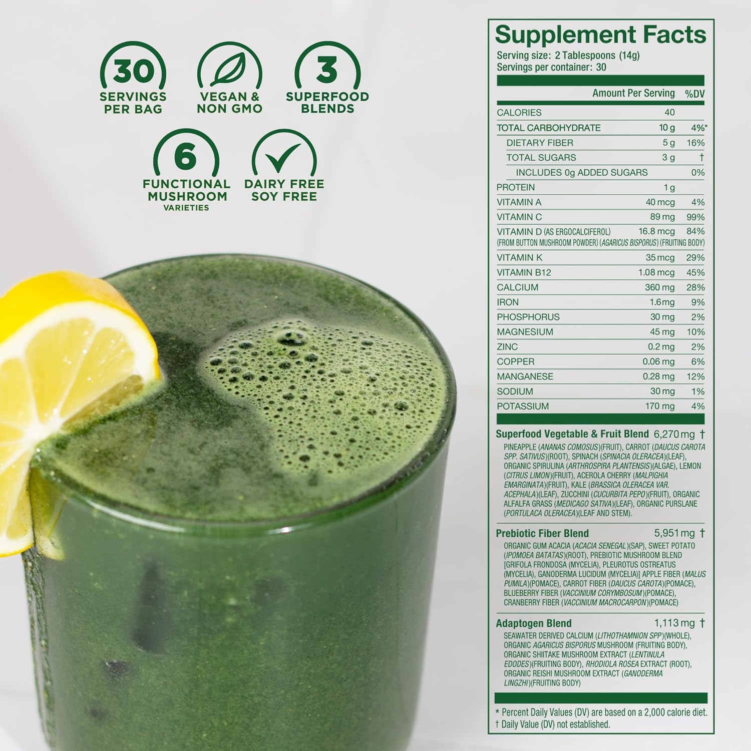Laird Superfood prebiotic daily greens powder supplement facts label 420g on white background