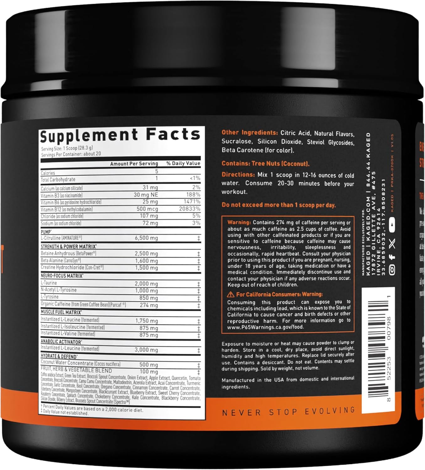 Kaged Original supplement powder nutrition label 564g and barcode
