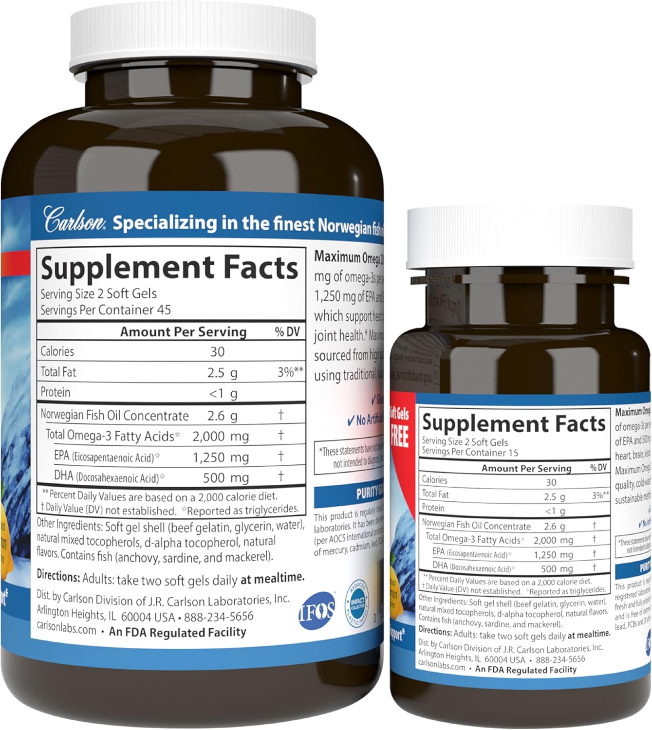 Supplement facts & ingredients image: Carlson Maximum Omega 2000 omega 3 EPA DHA supplement facts 180 softgels