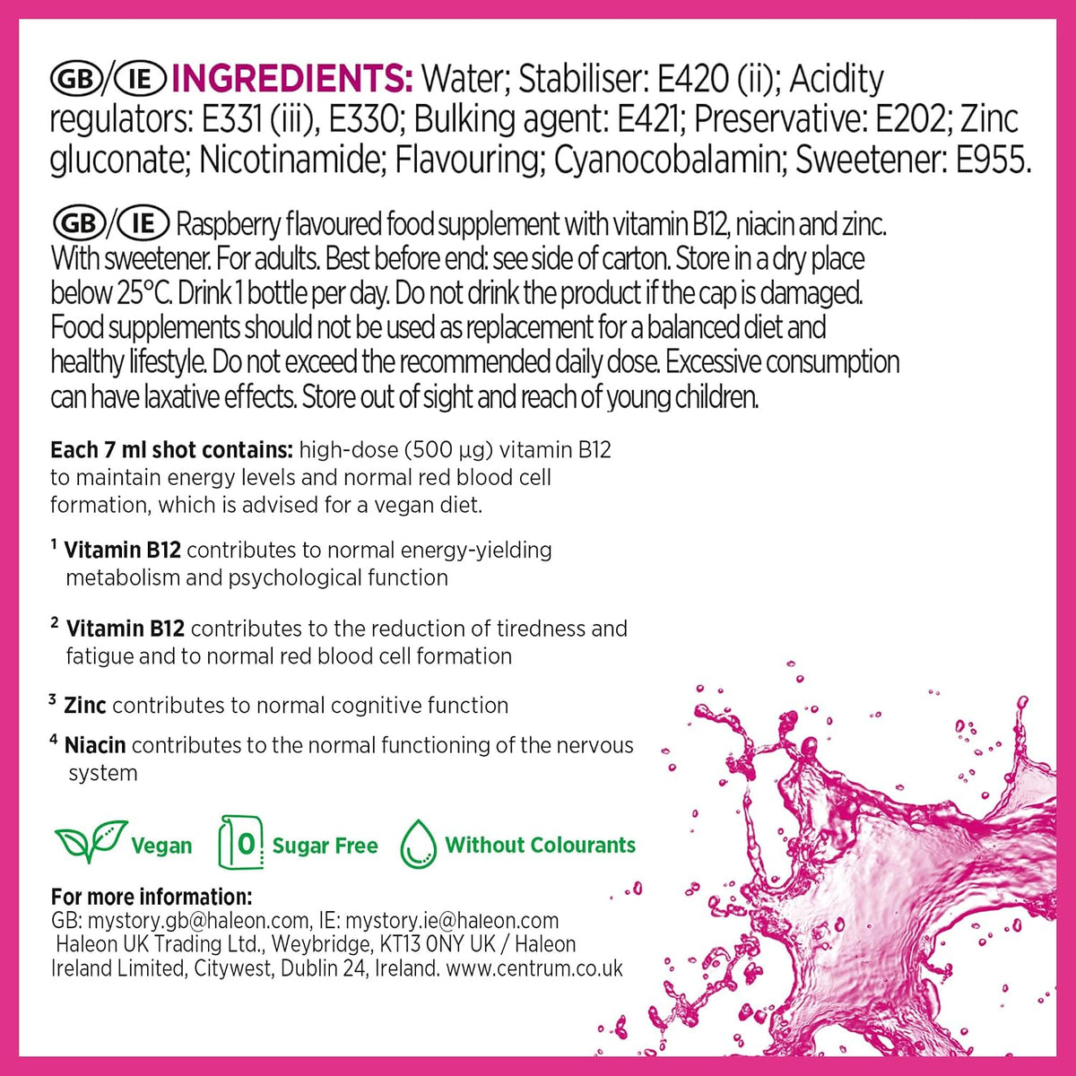 Centrum Energy & Vitality Vitamin B12 Liquid Shot, carton packaging with individual bottles, raspberry flavour, 15 x 7ml, ingredients information